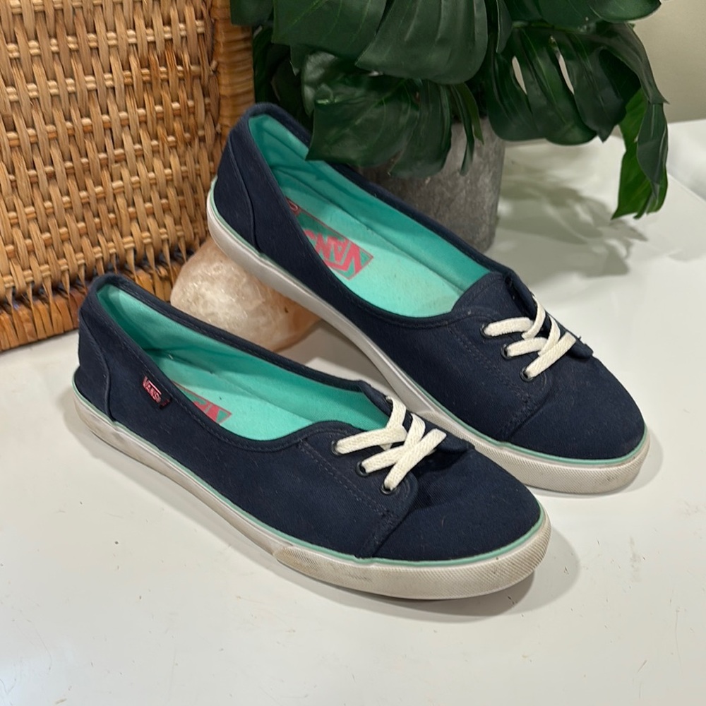Vans Slip-On Ballet Flat Sneakers in Navy Blue & Mint Green